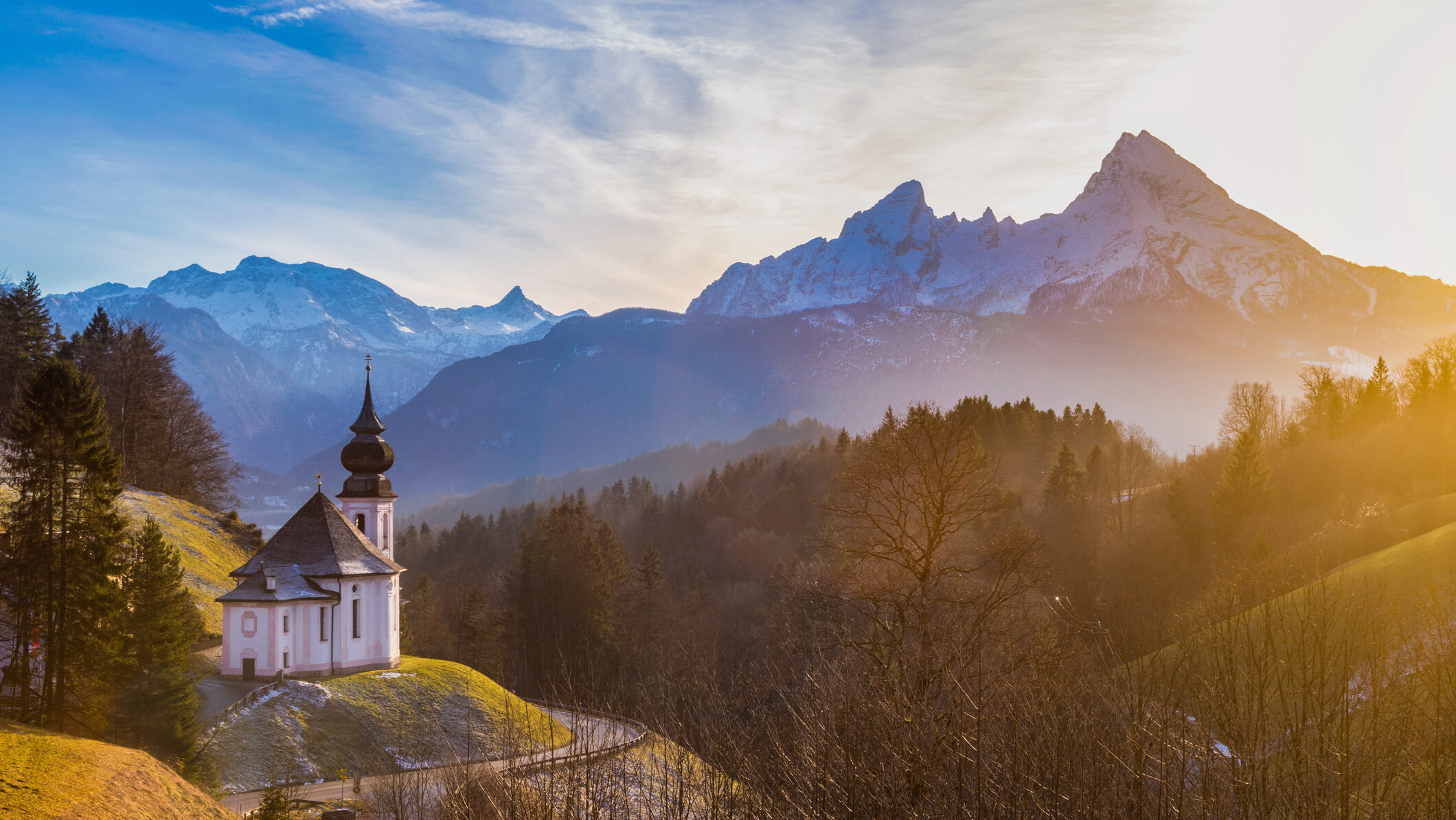 Church of Maria Gern with Watzmann mountain at sunset, Berchtesgadener Land, Bavaria, Germany